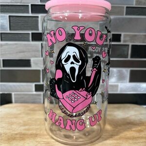 Pink Ghost-face Scream Glass Cup with straw and pink plastic lid